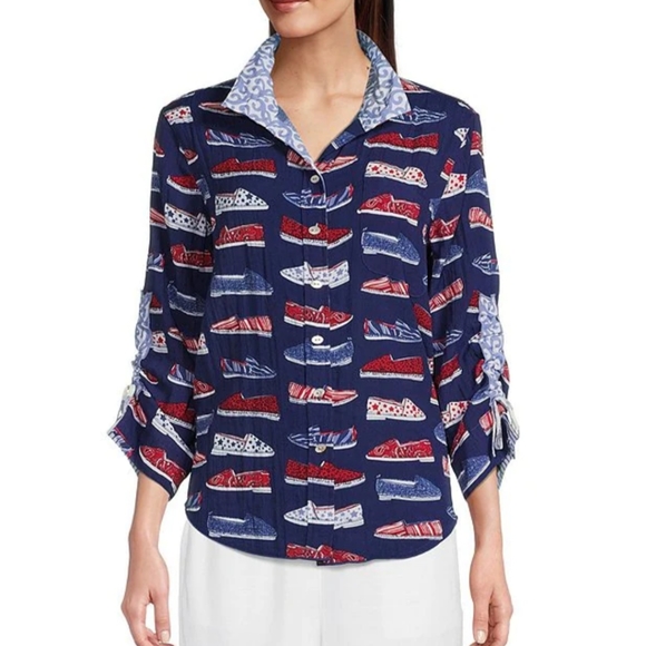 John Mark red white blue shoe shirt button front 3/4 Ruching Sleeves New XL $109